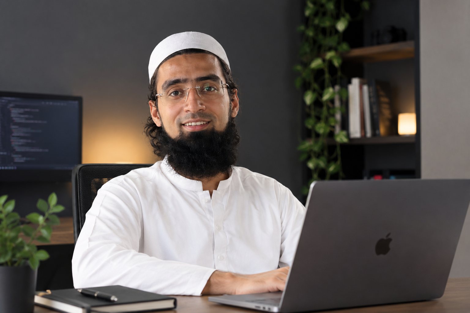 Maaz Bin Mustaqeem at a desk, laptop open.